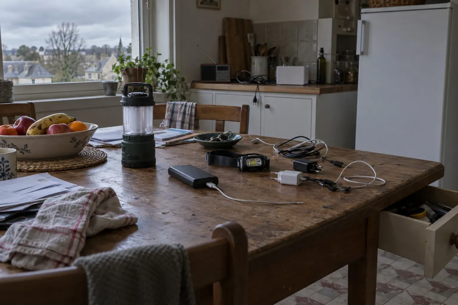 Prises débranchées, lampe rechargeable et batterie externe sur un plan de travail de cuisine avant l'orage