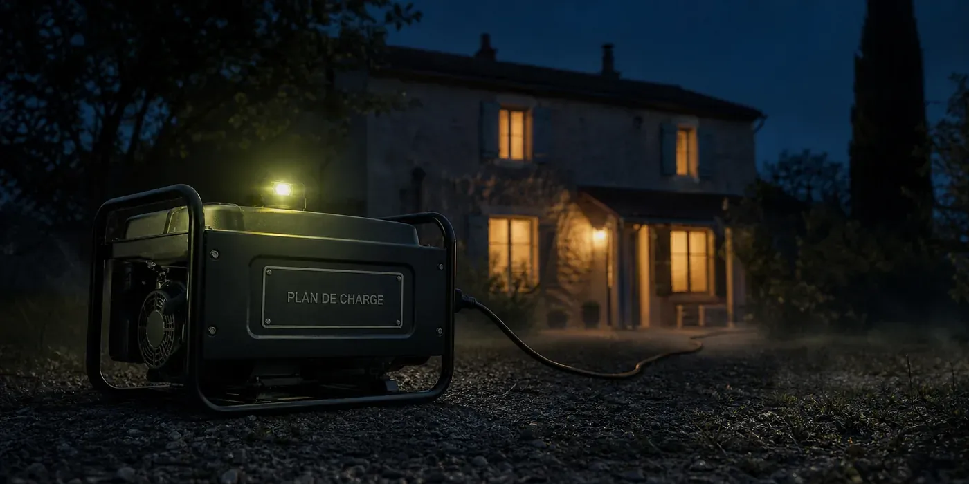 Groupe électrogène posé en plein air devant une maison au crépuscule, fenêtres éclairées pendant une coupure de courant
