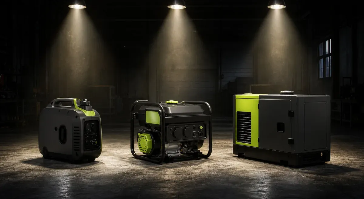 Trois groupes électrogènes côte à côte : inverter compact, châssis ouvert essence, modèle insonorisé