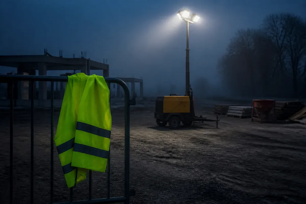 Chantier à l'aube : mât d'éclairage alimenté par un groupe électrogène, gilet haute visibilité