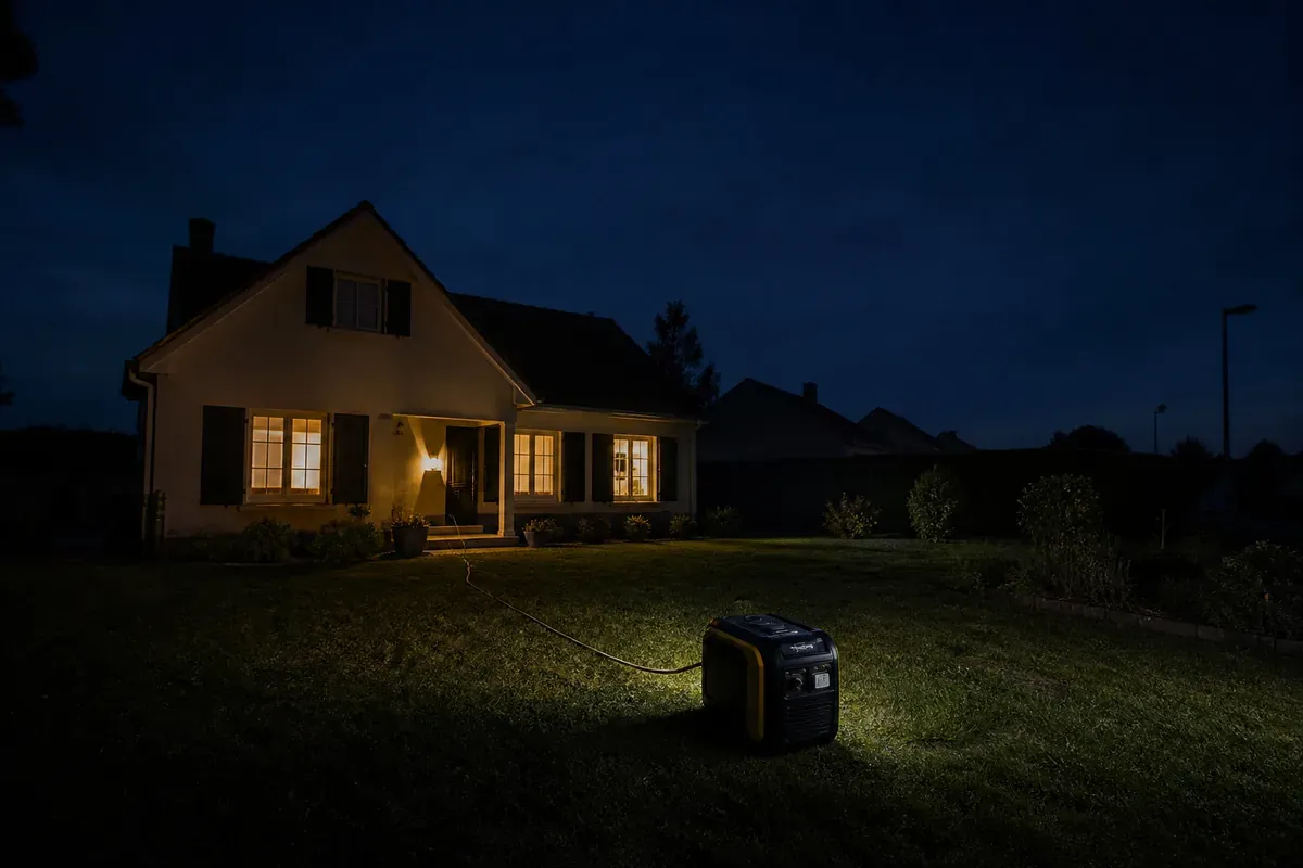 Pavillon la nuit pendant une coupure, groupe électrogène compact posé au milieu du jardin